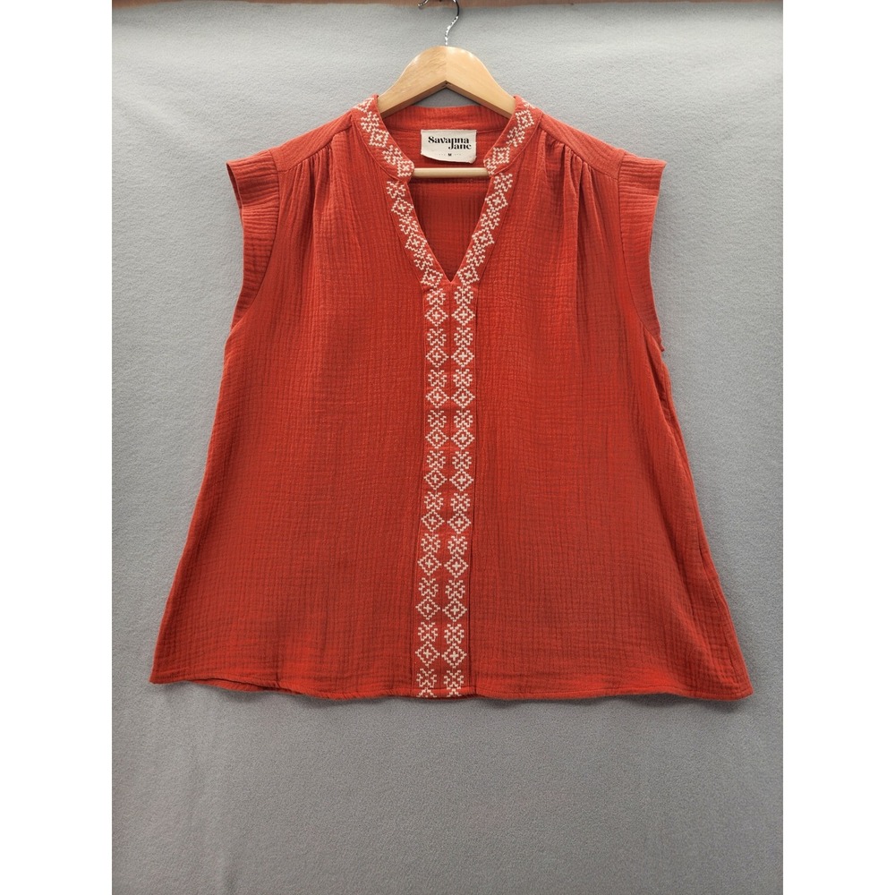 Savanna Jane Rust Orange Embroidered Gauze Boho Blouse Top Womens Med Sleeveless
